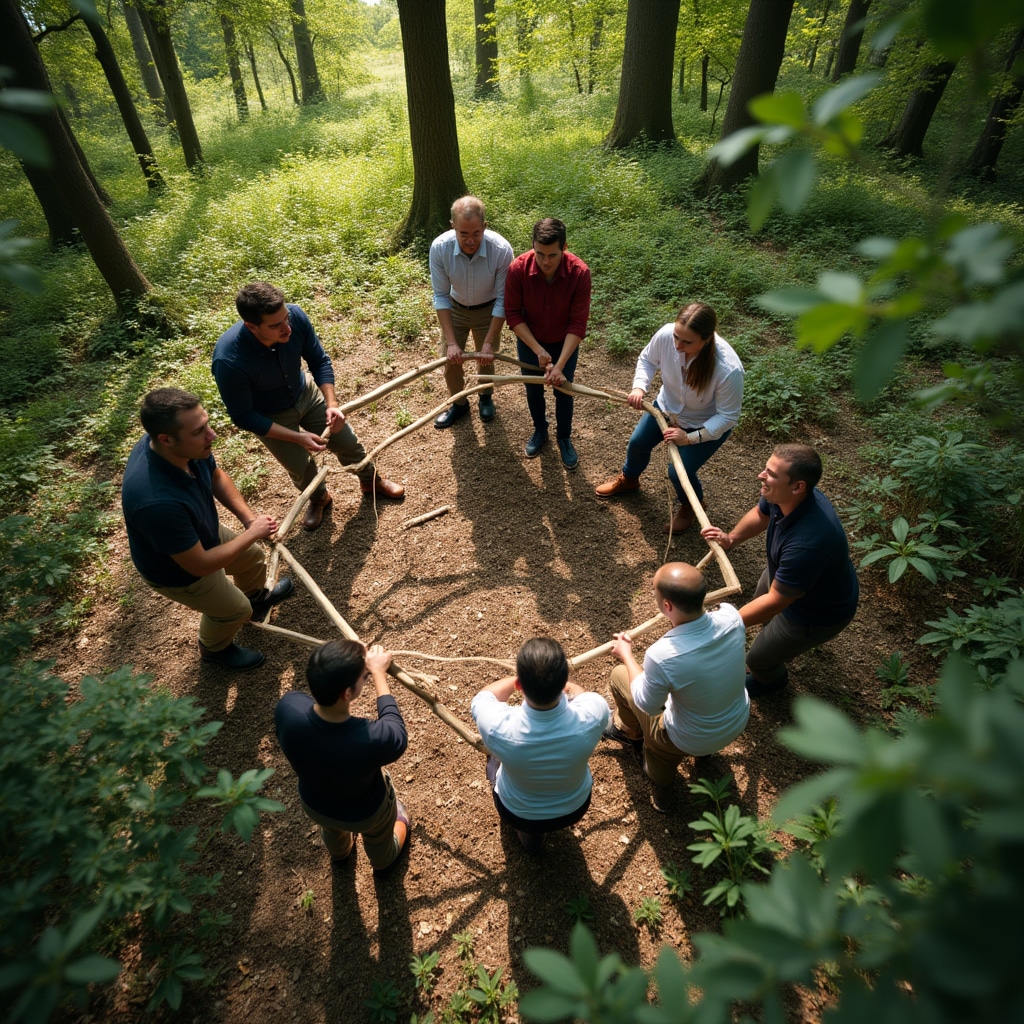 Team aziendale durante orienteering in bosco toscano