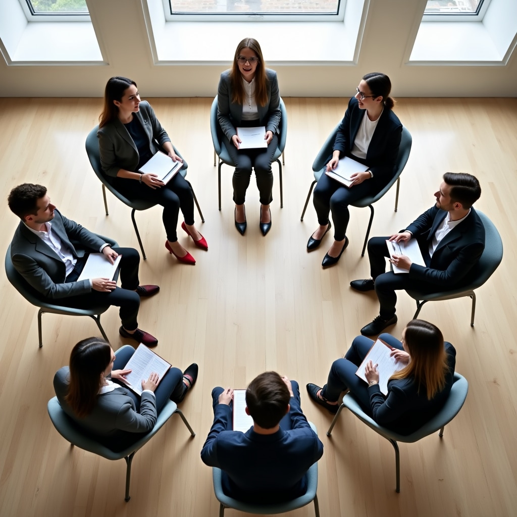 Gruppo di professionisti in cerchio durante sessione di comunicazione non violenta e ascolto attivo