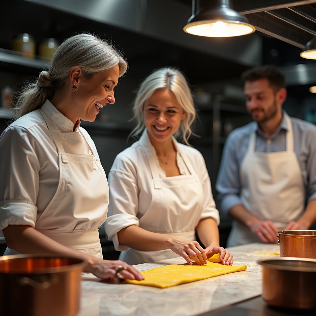 Team aziendale che cucina insieme in cucina professionale durante cooking class