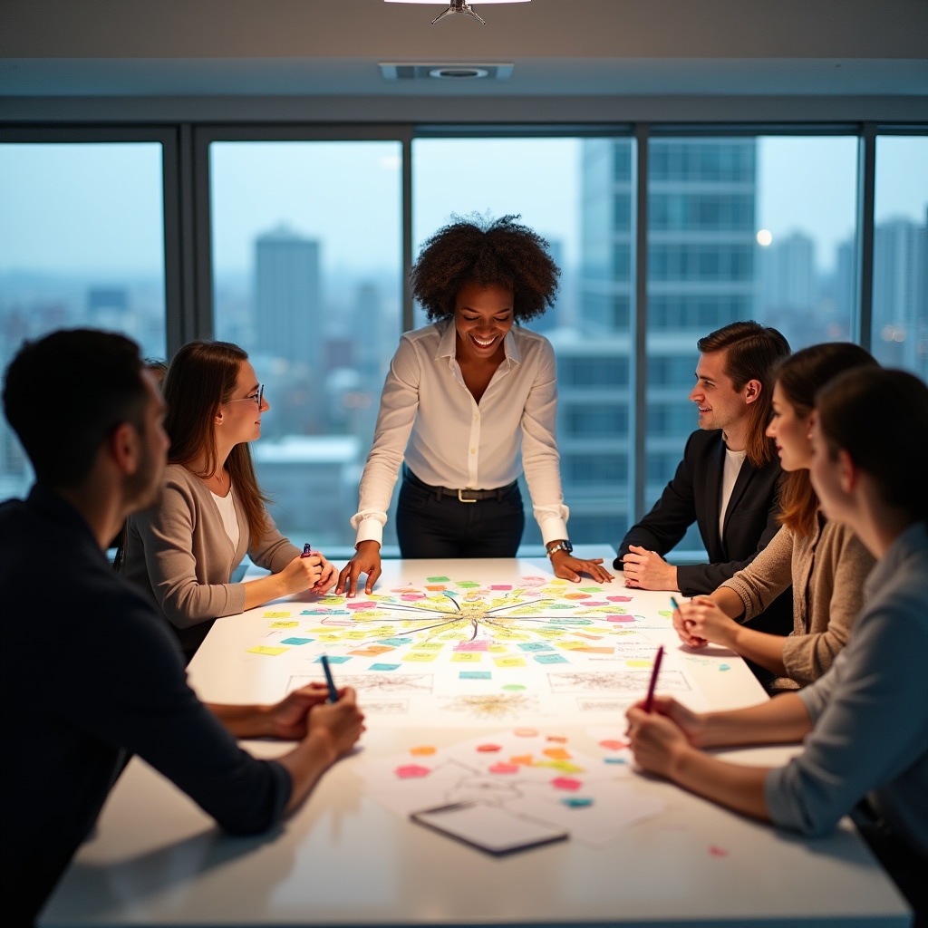 Partecipanti a workshop creativo aziendale con post-it e materiali di design thinking